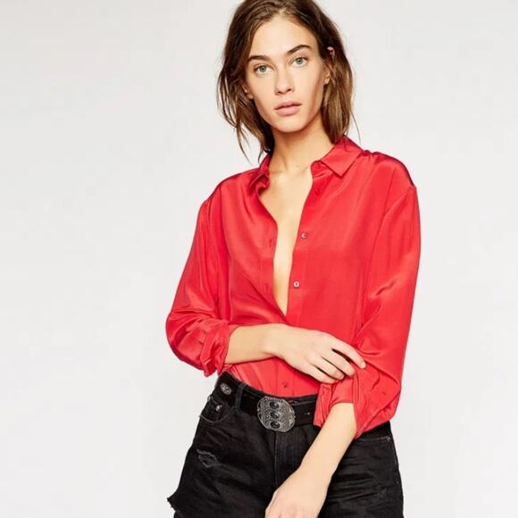 The Kooples Wrap-Over Red Silk Long Sleeve Button Down Bodysuit Sz 2 (M) NEW - Picture 1 of 13